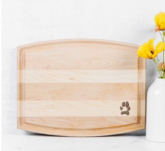 Custom dog paw print engraved maple cutting board